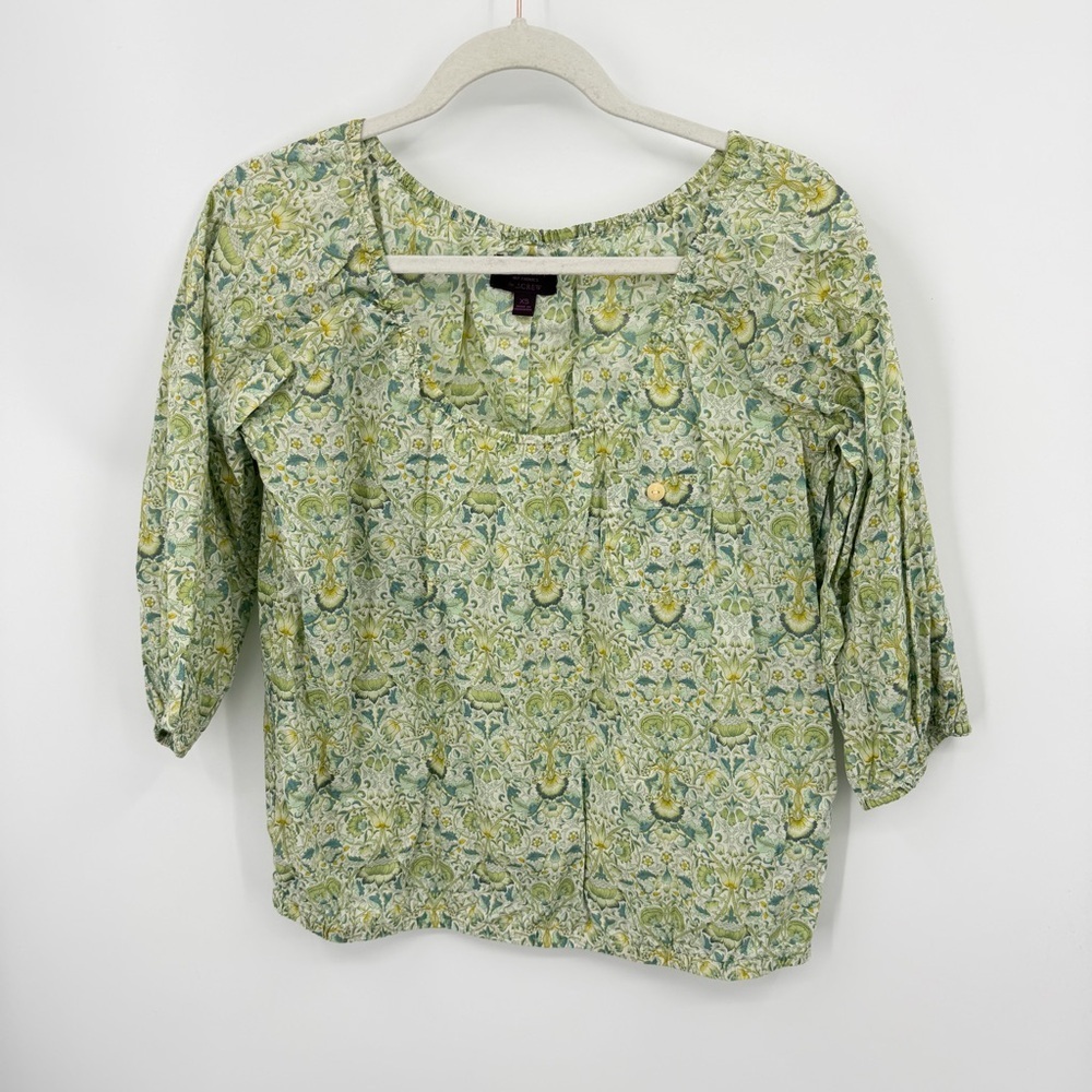 J Crew Liberty Art Fabrics peasant top‎ green yellow Lodden Paisley floral sz XS